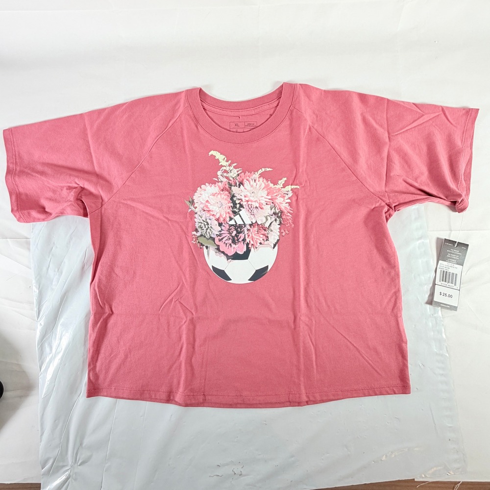 adidas Girls Floral‎ Soccer Ball Graphic Tee Shirt XL 16 Pink New